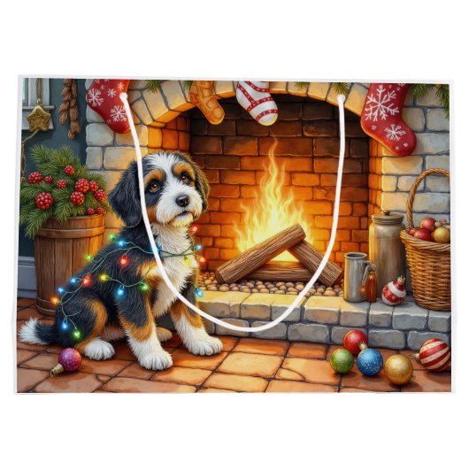 Bernedoodle Fireplace with Christmas Lights Groot Cadeauzakje (Achterkant)