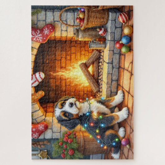 Bernedoodle Fireplace with Christmas Lights Legpuzzel (Verticaal)