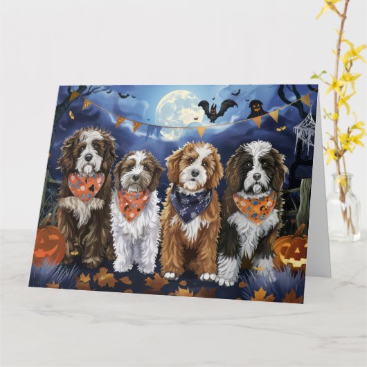 Bernedoodle Halloween Griezelen Kaart (Gele Bloem)