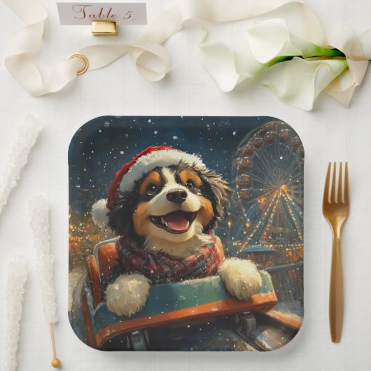 Bernedoodle Hond Achterbaan Kerst Papieren Bordje (Huwelijk)