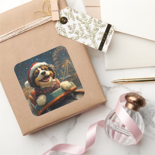 Bernedoodle Hond Achterbaan Kerst  Vierkante Sticker (Geschenken)