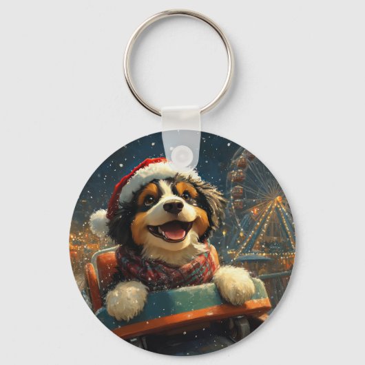 Bernedoodle Hond Achteruitrij Carrousel Kerst Sleutelhanger (Voorkant)