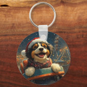 Bernedoodle Hond Achteruitrij Carrousel Kerst Sleutelhanger (Achterkant)