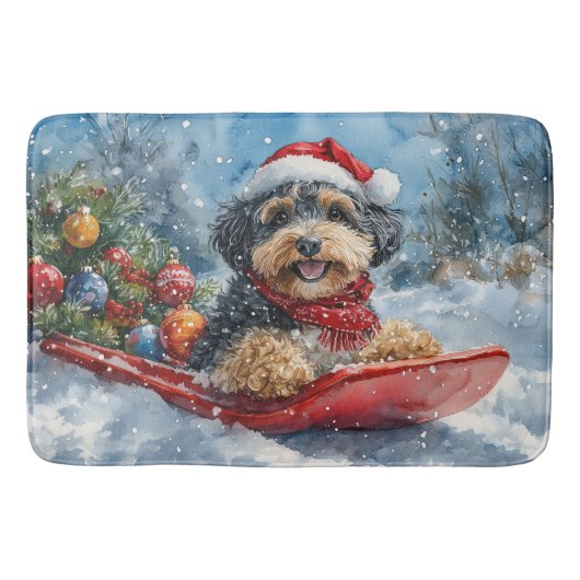 Bernedoodle Hond in Sledge Laat het Sneeuw Kerstmi Badmat (Voorkant)