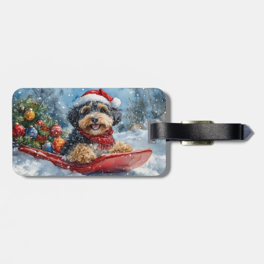 Bernedoodle Hond in Sledge Laat het Sneeuw Kerstmi Bagagelabel (Achterkant horizontaal)