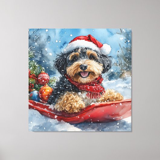Bernedoodle Hond in Sledge Laat het Sneeuw Kerstmi Canvas Afdruk (Voorkant)