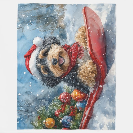 Bernedoodle Hond in Sledge Laat het Sneeuw Kerstmi Fleece Deken (Voorkant)
