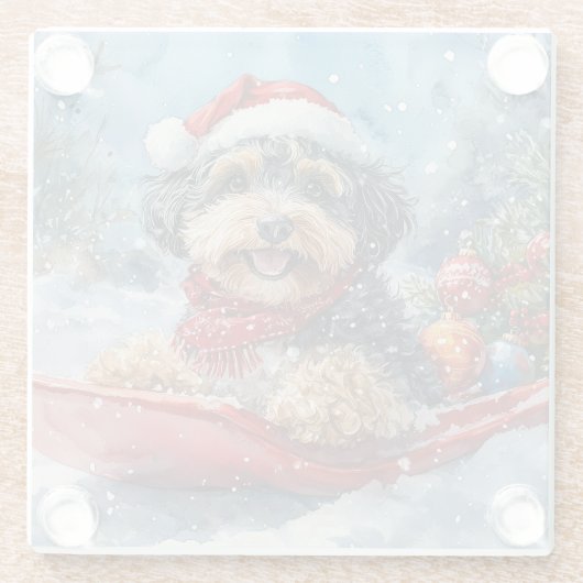 Bernedoodle Hond in Sledge Laat het Sneeuw Kerstmi Glazen Onderzetter (Achterkant)
