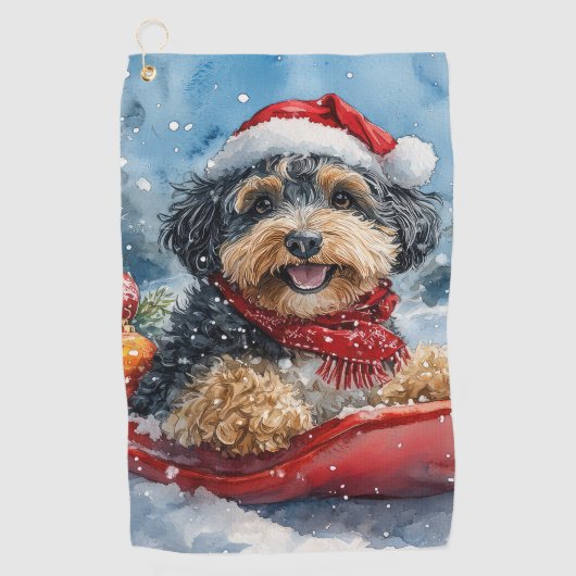 Bernedoodle Hond in Sledge Laat het Sneeuw Kerstmi Golfhanddoek (Voorkant)