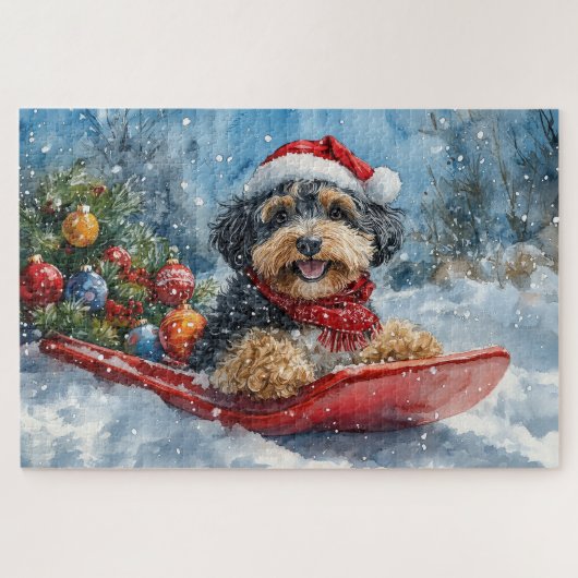 Bernedoodle Hond in Sledge Laat het Sneeuw Kerstmi Legpuzzel (Horizontaal)