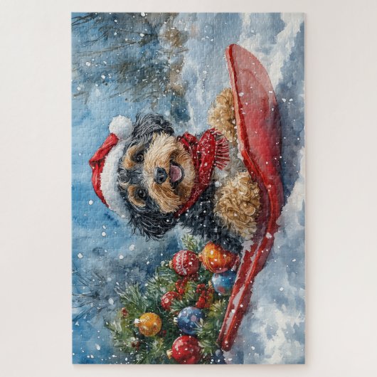 Bernedoodle Hond in Sledge Laat het Sneeuw Kerstmi Legpuzzel (Verticaal)
