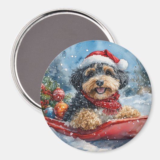 Bernedoodle Hond in Sledge Laat het Sneeuw Kerstmi Magneet (Voorkant / Achterkant)