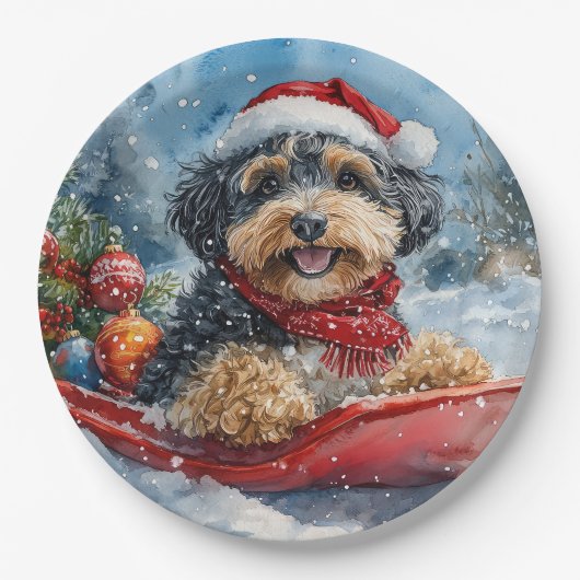 Bernedoodle Hond in Sledge Laat het Sneeuw Kerstmi Papieren Bordje (Voorkant)