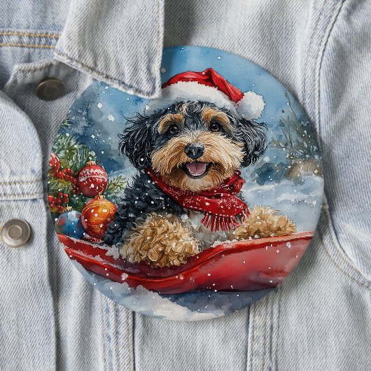 Bernedoodle Hond in Sledge Laat het Sneeuw Kerstmi Ronde Button 6,0 Cm (In situ)