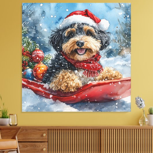 Bernedoodle-hond in slee laat het sneeuwen Kerstmi Canvas Afdruk (Insitu (Woonkamer))
