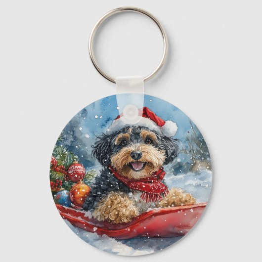Bernedoodle-hond in slee laat het sneeuwen Kerstmi Sleutelhanger (Voorkant)
