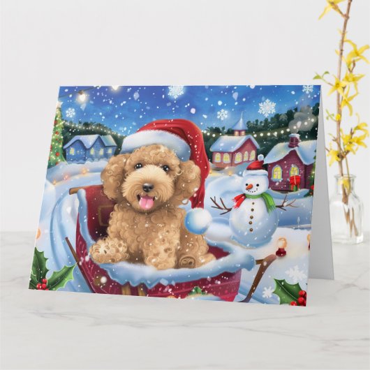 Bernedoodle Hond in Sleigh Sneeuw Kerstmis Kaart (Gele Bloem)