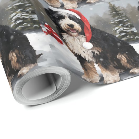 Bernedoodle Hond in Sneeuw Kerstmis Cadeaupapier (Rol Hoek)