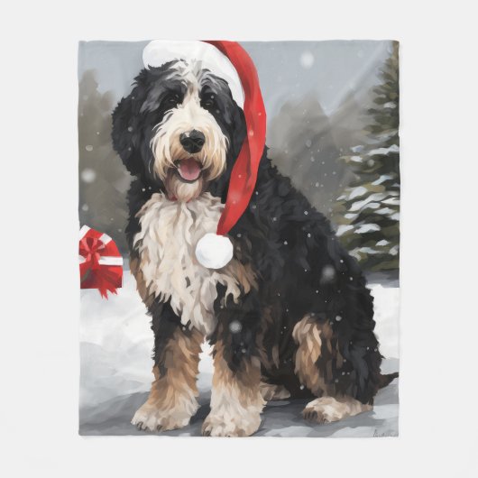 Bernedoodle Hond in Sneeuw Kerstmis Fleece Deken (Voorkant)