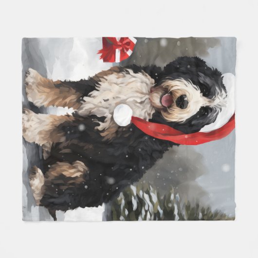 Bernedoodle Hond in Sneeuw Kerstmis Fleece Deken (Voorkant (Horizontaal))