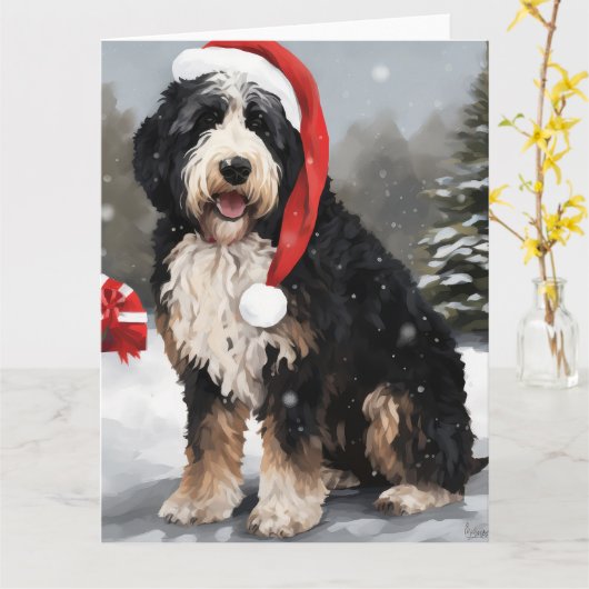 Bernedoodle Hond in Sneeuw Kerstmis Kaart (Gele Bloem)