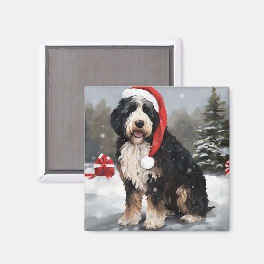Bernedoodle Hond in Sneeuw Kerstmis Magneet (Voorkant / Achterkant)