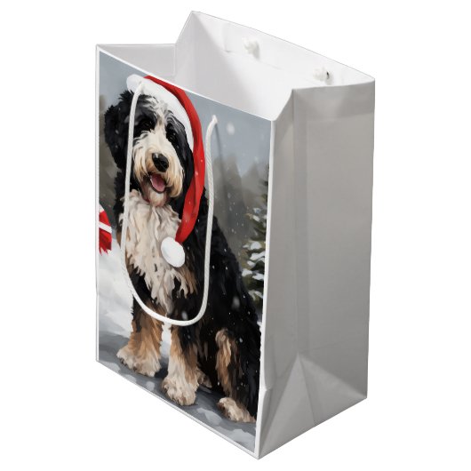 Bernedoodle Hond in Sneeuw Kerstmis Medium Cadeauzakje (Voorkant Gekanteld)