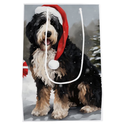 Bernedoodle Hond in Sneeuw Kerstmis Medium Cadeauzakje (Achterkant)