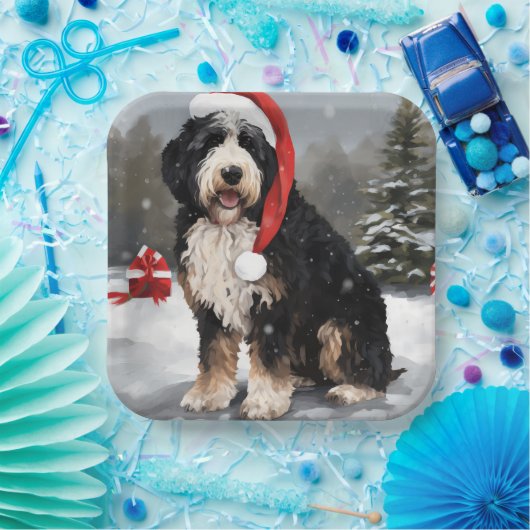 Bernedoodle Hond in Sneeuw Kerstmis Papieren Bordje (Feest)