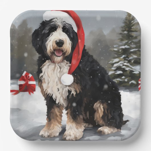 Bernedoodle Hond in Sneeuw Kerstmis Papieren Bordje (Voorkant)