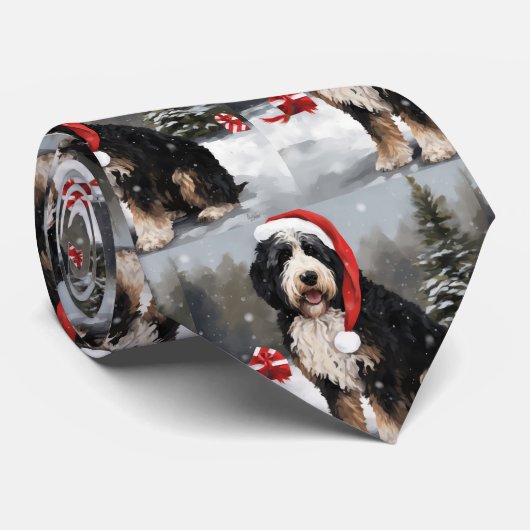 Bernedoodle Hond in Sneeuw Kerstmis Stropdas (Opgerold)