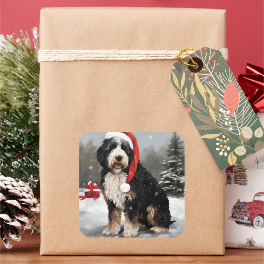 Bernedoodle-hond in sneeuw met Kerstmis Vierkante Sticker (Feestdagen)