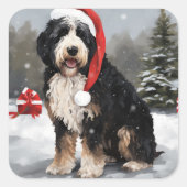 Bernedoodle-hond in sneeuw met Kerstmis Vierkante Sticker (Voorkant)