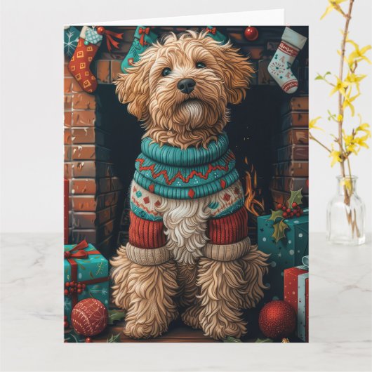 Bernedoodle Hond met Kerstcadeaus Open haard Kaart (Gele Bloem)