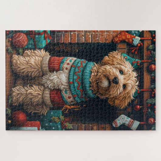 Bernedoodle Hond met Kerstcadeaus Open haard Legpuzzel (Horizontaal)