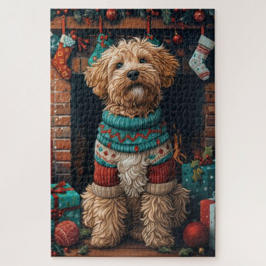 Bernedoodle Hond met Kerstcadeaus Open haard Legpuzzel (Verticaal)