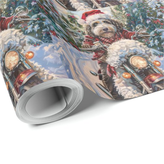 Bernedoodle Hond Rijden Motorfiets Kerstmis Cadeaupapier (Rol Hoek)