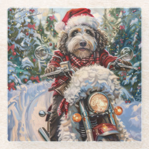 Bernedoodle Hond Rijden Motorfiets Kerstmis Glazen Onderzetter