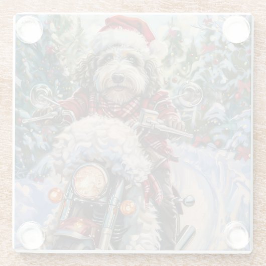 Bernedoodle Hond Rijden Motorfiets Kerstmis Glazen Onderzetter (Achterkant)