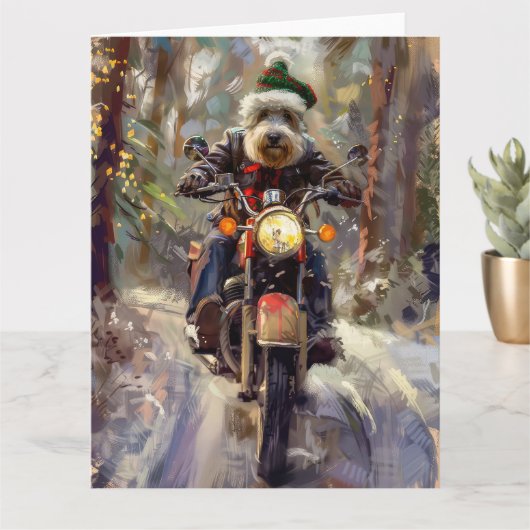 Bernedoodle Hond Rijden Motorfiets Kerstmis Kaart (Kleine Plant)