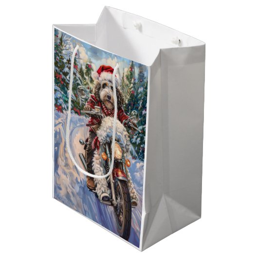 Bernedoodle Hond Rijden Motorfiets Kerstmis Medium Cadeauzakje (Voorkant Gekanteld)