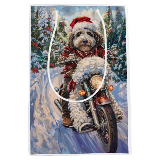 Bernedoodle Hond Rijden Motorfiets Kerstmis Medium Cadeauzakje (Voorkant)