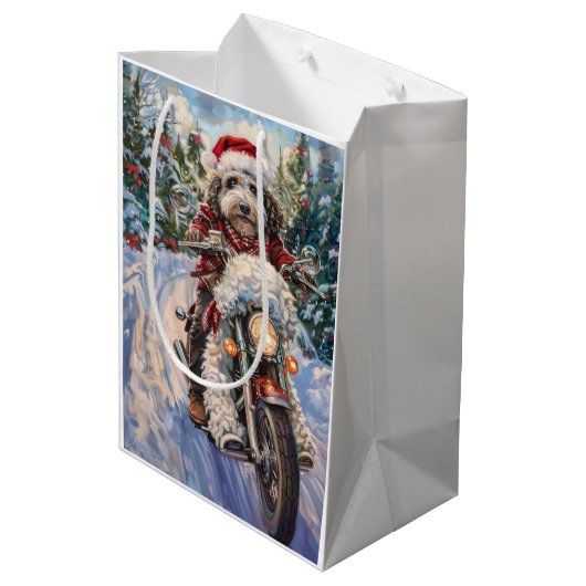 Bernedoodle Hond Rijden Motorfiets Kerstmis Medium Cadeauzakje (Achterkant Gekanteld)