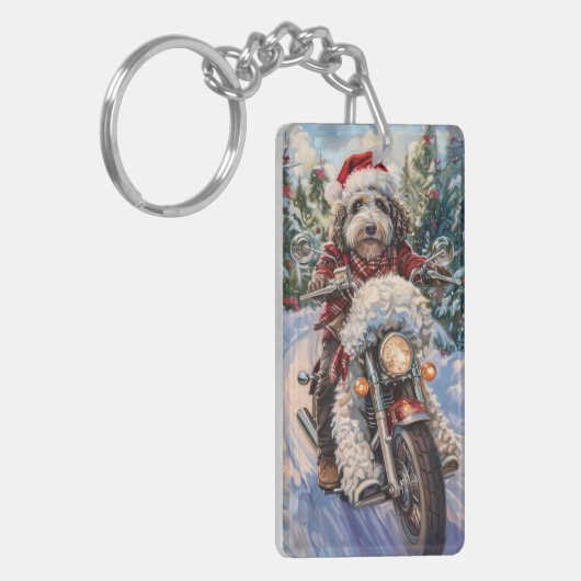 Bernedoodle Hond Rijden Motorfiets Kerstmis Sleutelhanger (Voorkant Links)