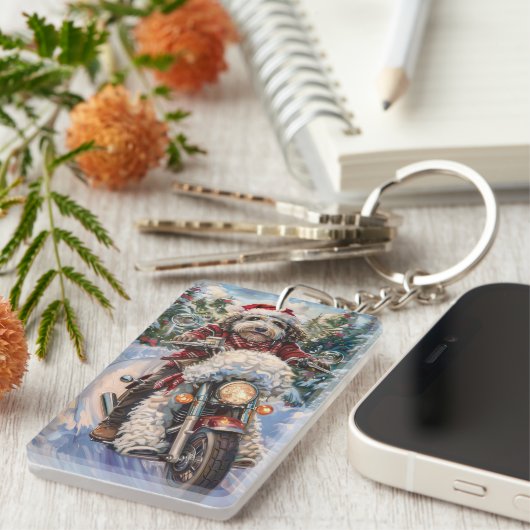 Bernedoodle Hond Rijden Motorfiets Kerstmis Sleutelhanger (Voorkant Rechts)