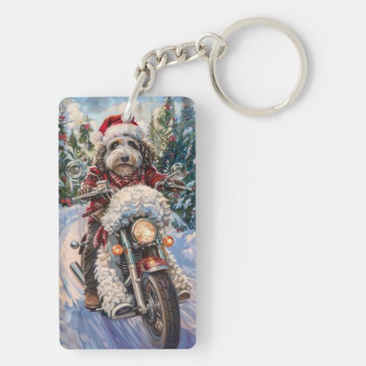 Bernedoodle Hond Rijden Motorfiets Kerstmis Sleutelhanger (achterkant)