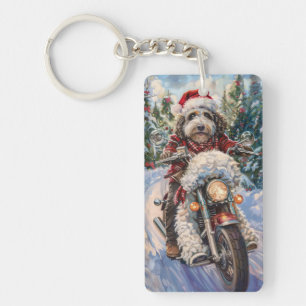 Bernedoodle Hond Rijden Motorfiets Kerstmis Sleutelhanger