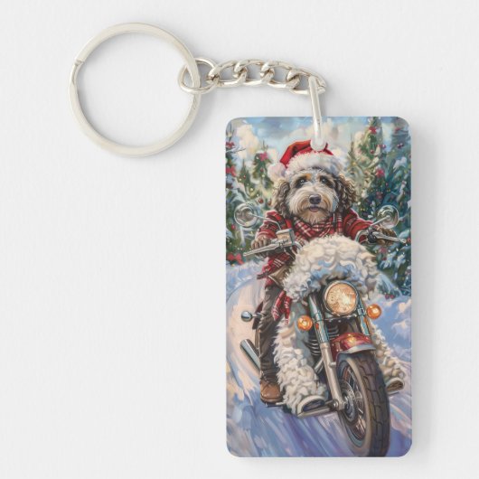 Bernedoodle Hond Rijden Motorfiets Kerstmis Sleutelhanger (Voorkant)