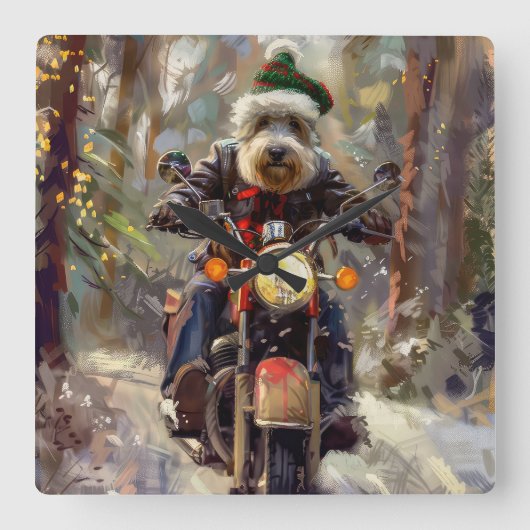 Bernedoodle Hond Rijden Motorfiets Kerstmis Vierkante Klok (Voorkant)