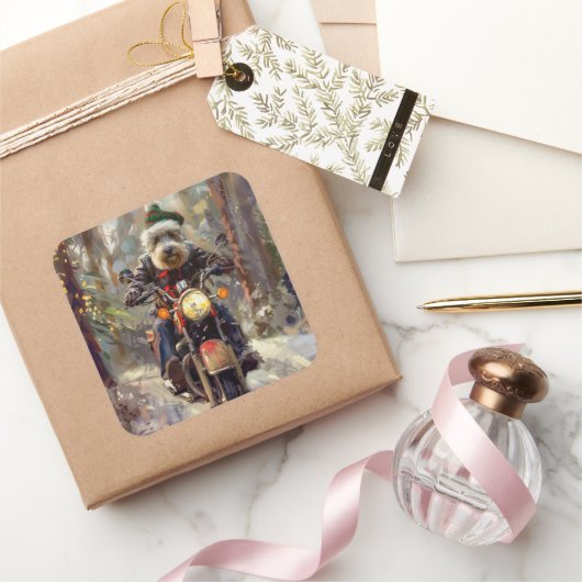 Bernedoodle Hond Rijden Motorfiets Kerstmis Vierkante Sticker (Geschenken)
